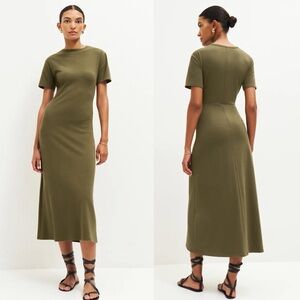 Reformation Devyn Knit Midi T-Shirt Dress in Dark Olive Green